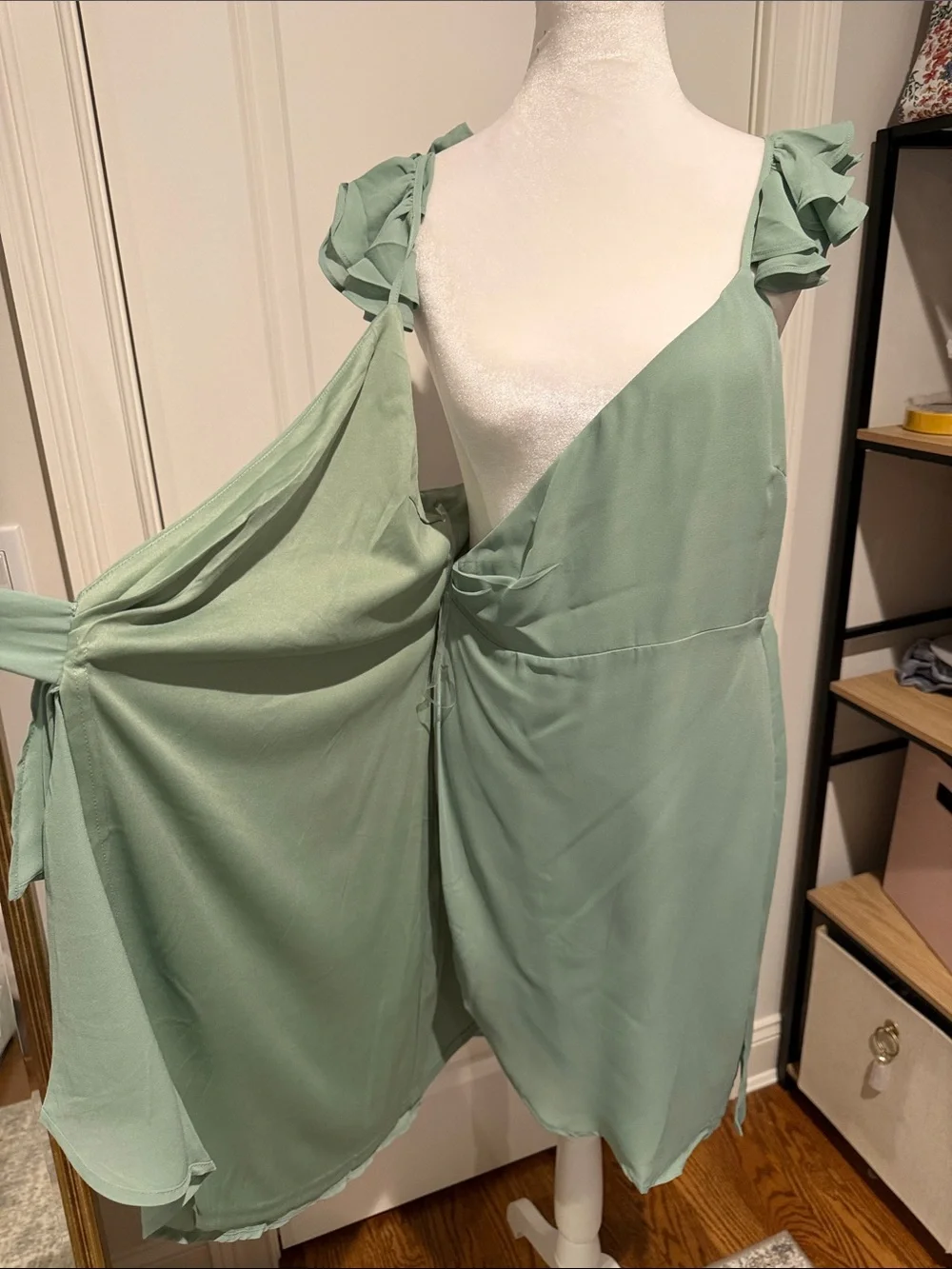 Sage Green Tie-Waist Midi Wrap Dress with Ruffle Shoulders NWT